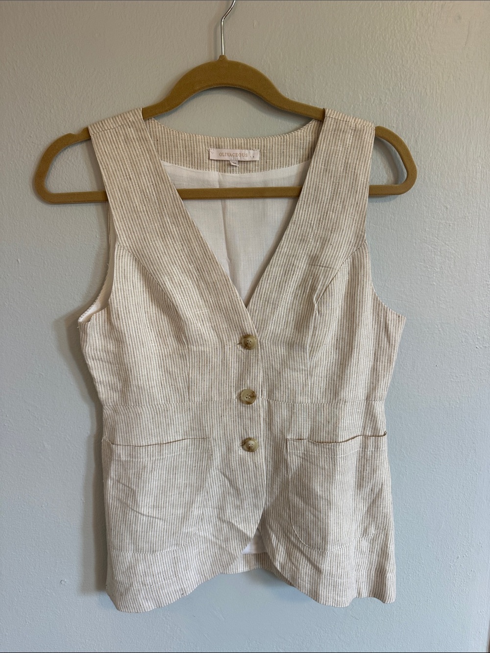 Olivaceous Cream-and-Tan Striped Collarless Vest
